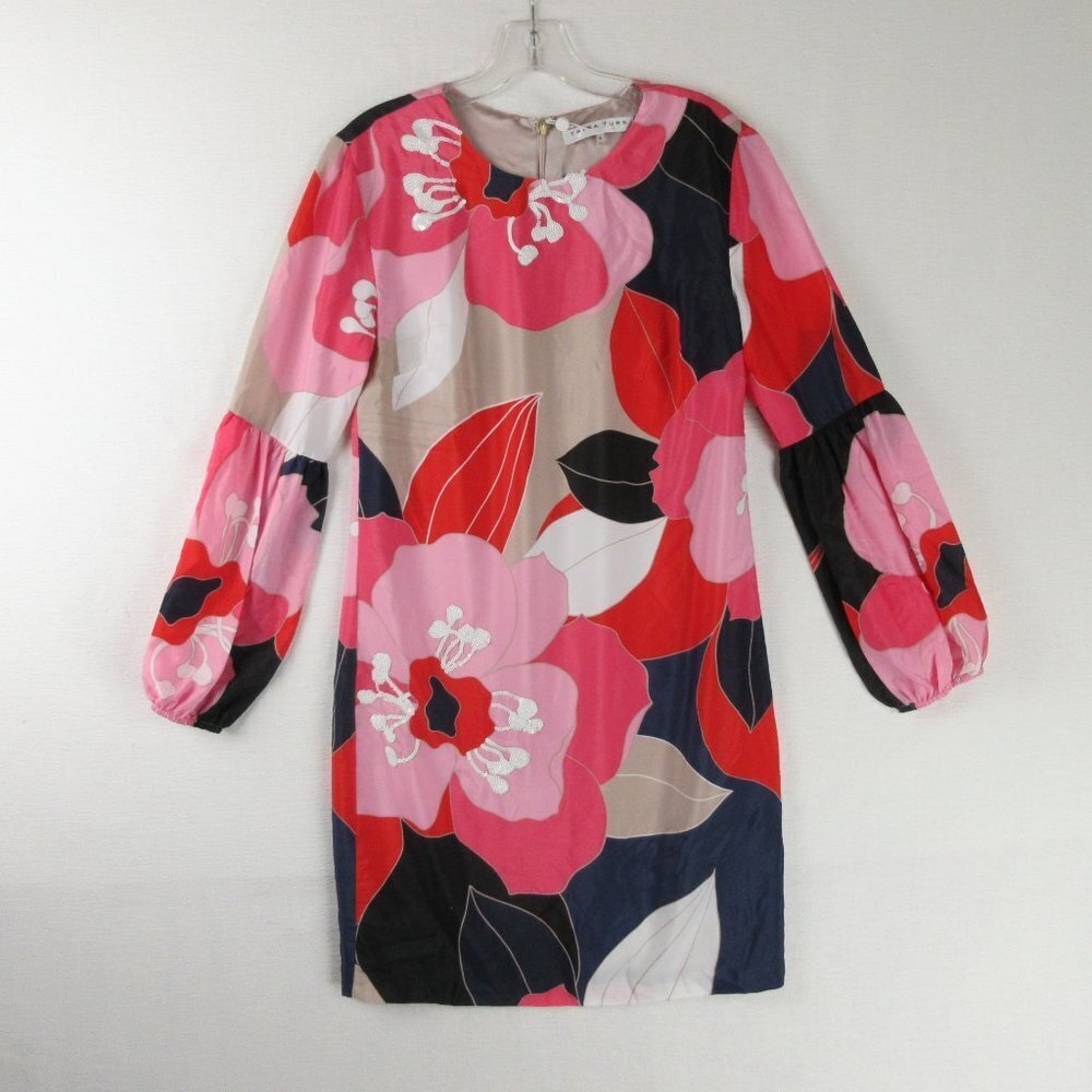 Trina Turk Long Balloon Sleeve Narcisius Printed Shift Dress Size 0